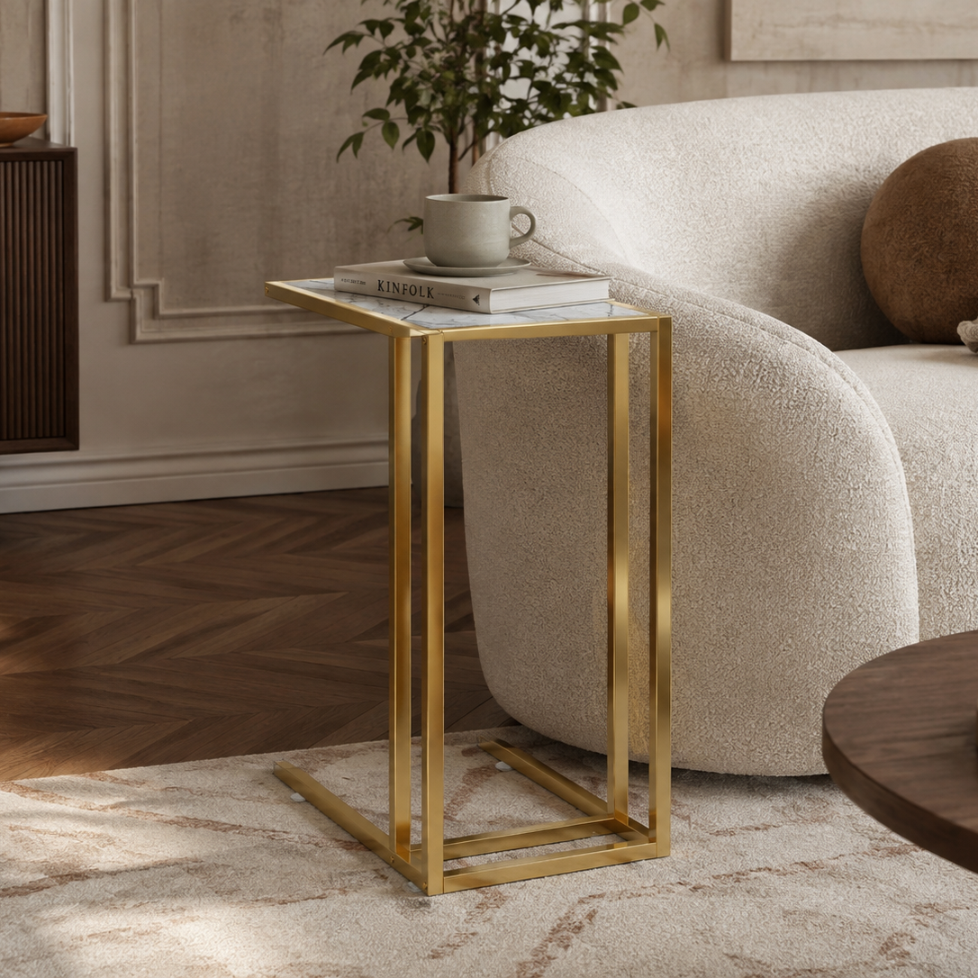 Table d’appoint en verre trempé effet marbre et acier
