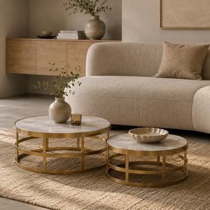 Ensemble de 2 tables basses en marbre véritable et acier finition doré