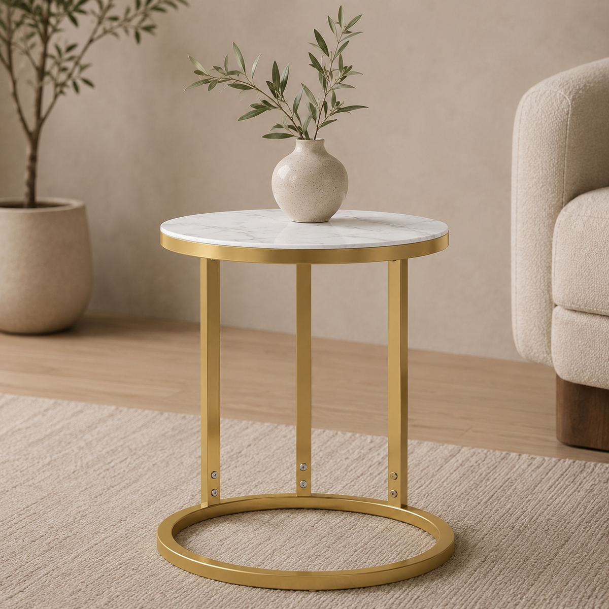 Table d'appoint en verre trempé effet marbre blanc et finition dorée