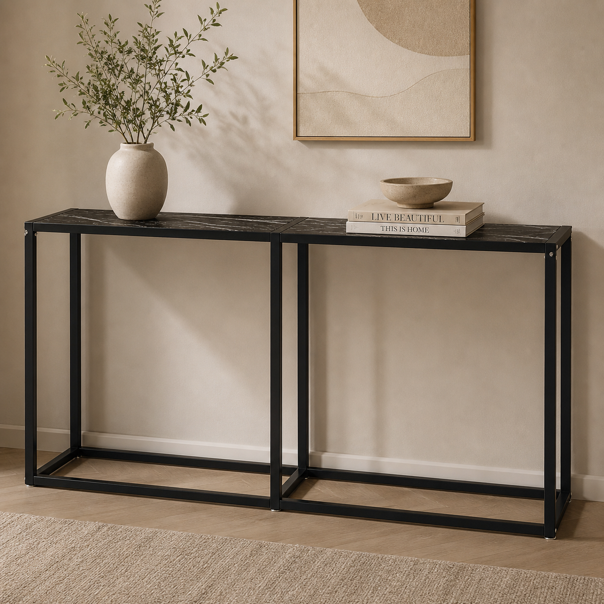 Table console en verre trempé effet marbre noir et acier