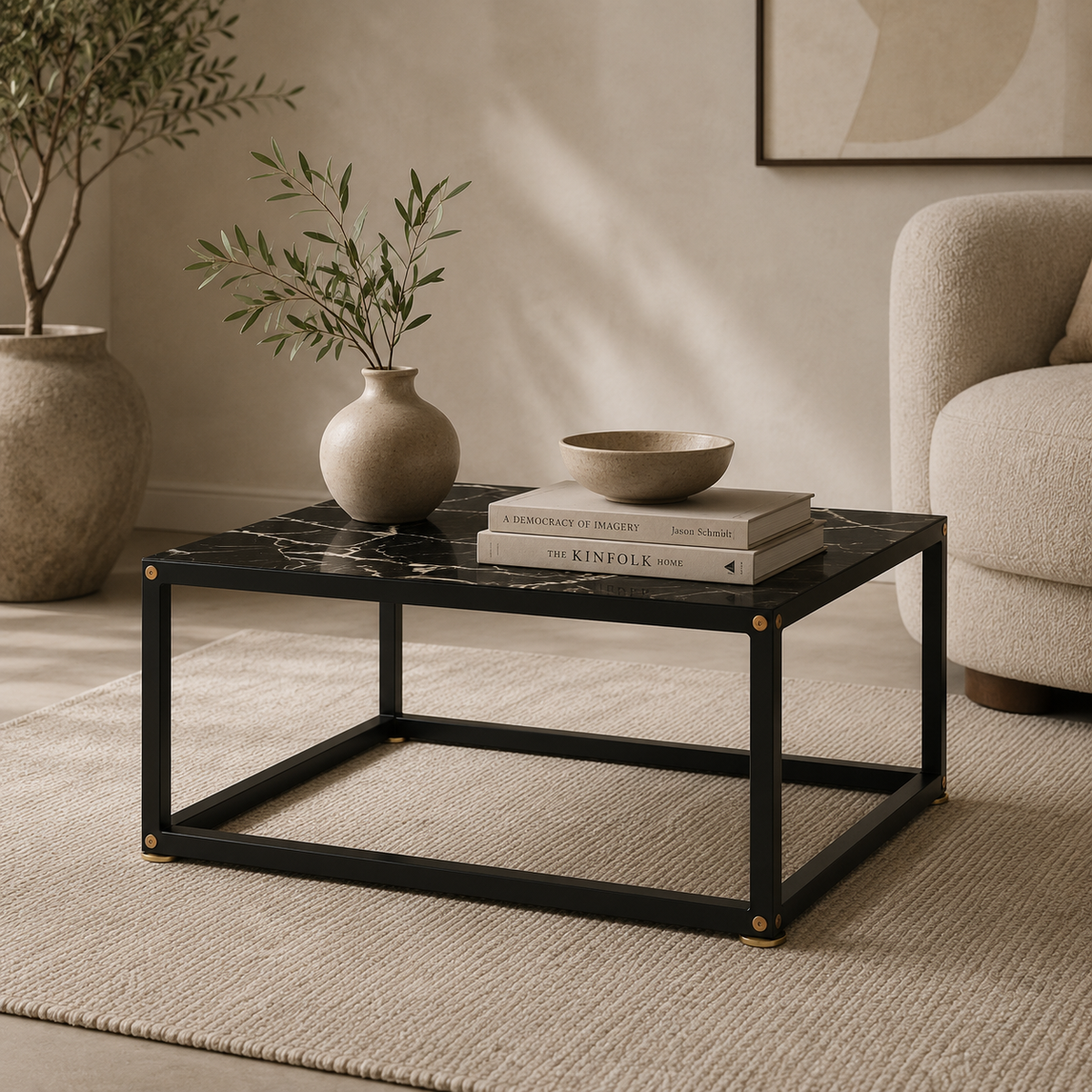 Table basse avec verre effet marbre noir et acier