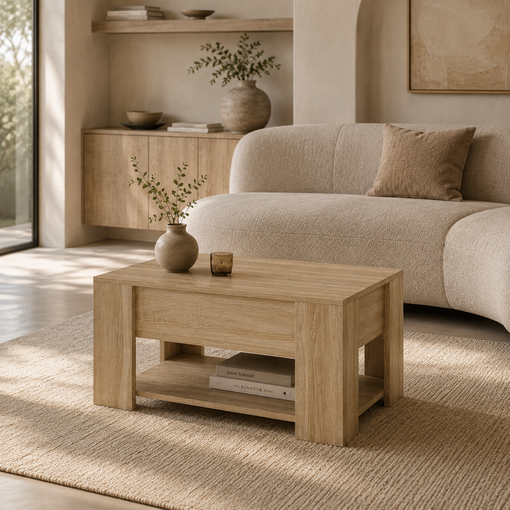 Table basse relevable en chêne sonoma et en bois d'ingénierie