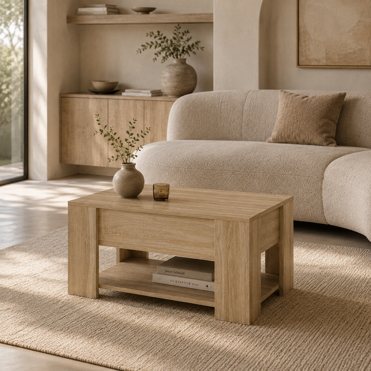 Table basse relevable en chêne sonoma et en bois d'ingénierie