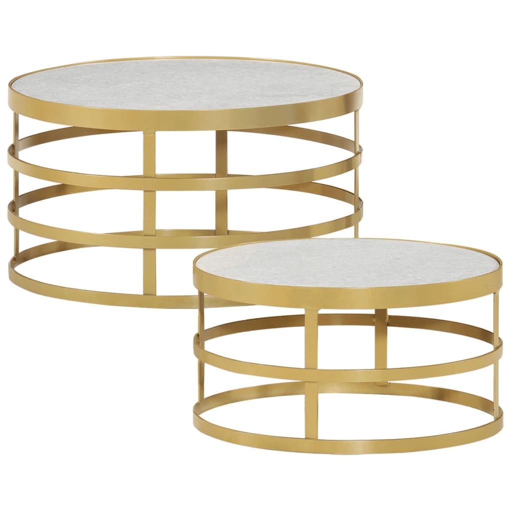 Ensemble de 2 tables basses en marbre véritable et acier finition doré