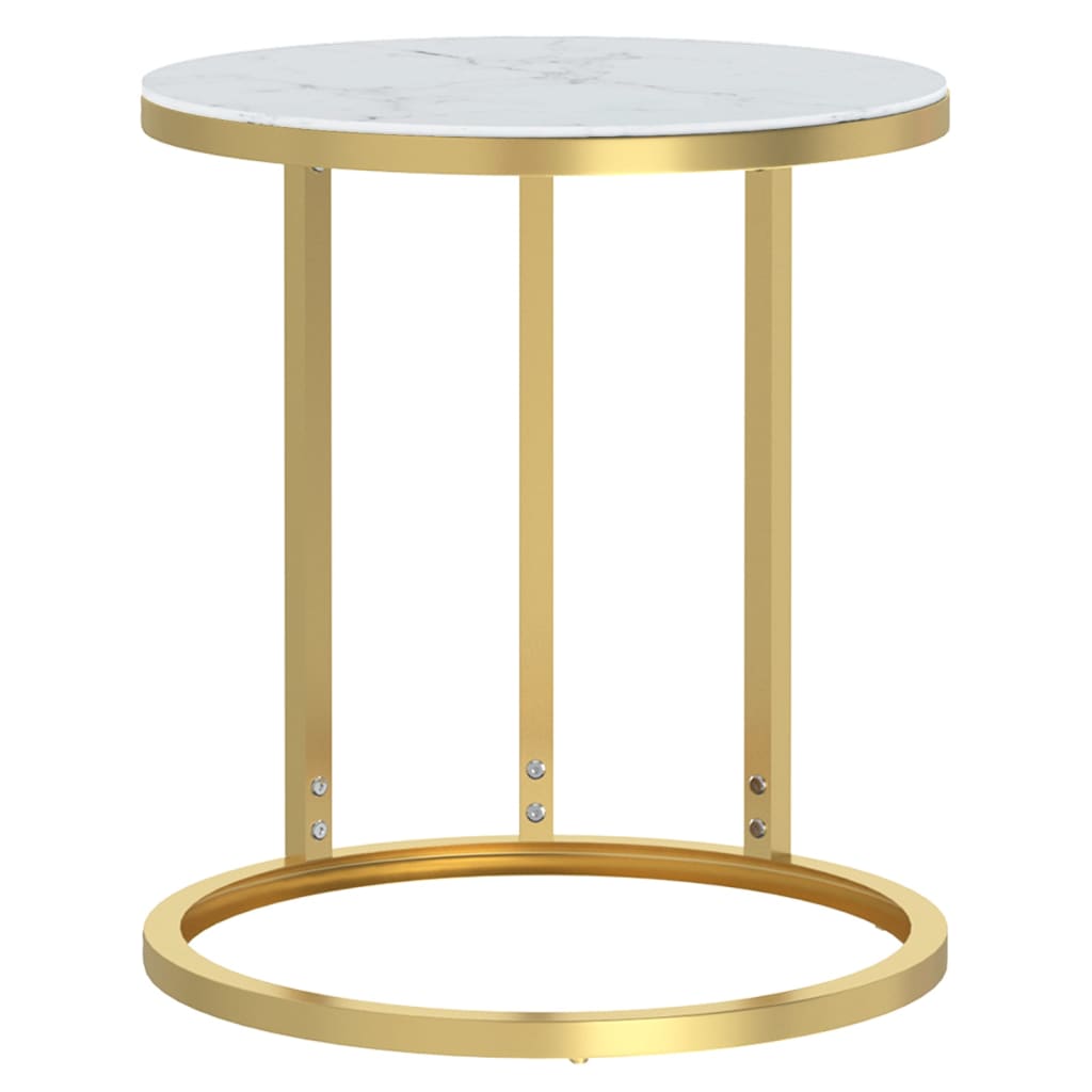 Table d'appoint en verre trempé effet marbre blanc et finition dorée