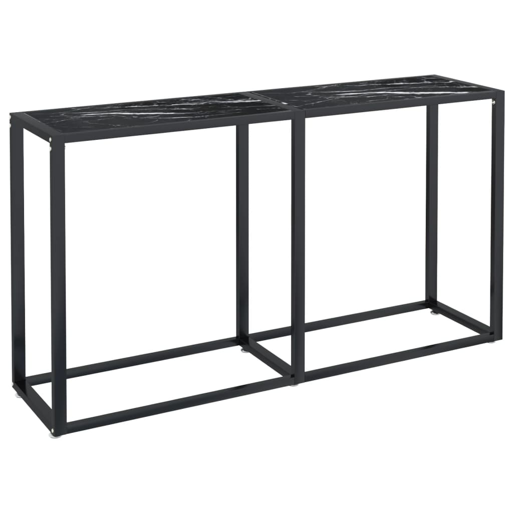 Table console en verre trempé effet marbre noir et acier