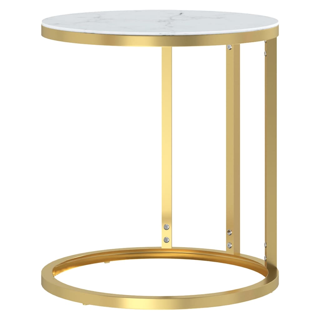 Table d'appoint en verre trempé effet marbre blanc et finition dorée