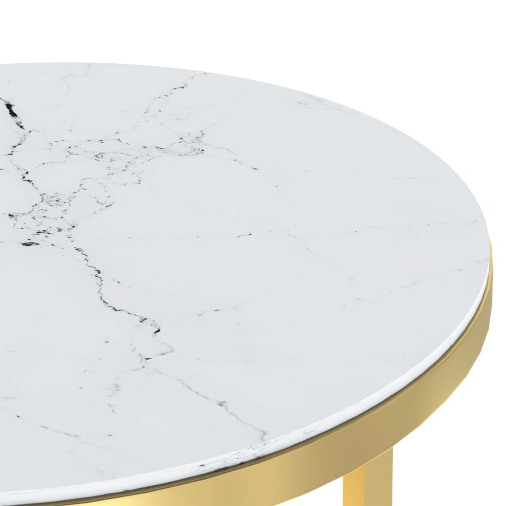 Table d'appoint en verre trempé effet marbre blanc et finition dorée