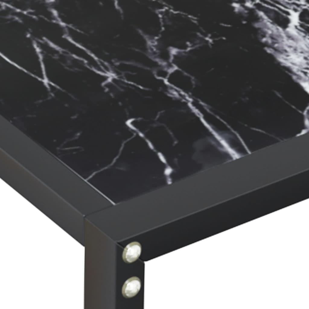 Table console en verre trempé effet marbre noir et acier